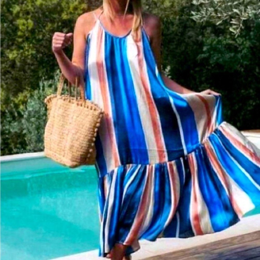 H & M Lemlem Blue Stripe SlipStyle Maxi Dress size M